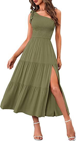 2025 New Summer Fashion Women's One-shoulder Pleated Layered Hem Split Dress