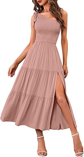 2025 New Summer Fashion Women's One-shoulder Pleated Layered Hem Split Dress