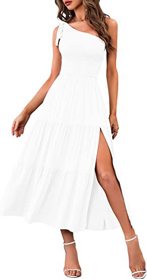 2025 New Summer Fashion Women's One-shoulder Pleated Layered Hem Split Dress